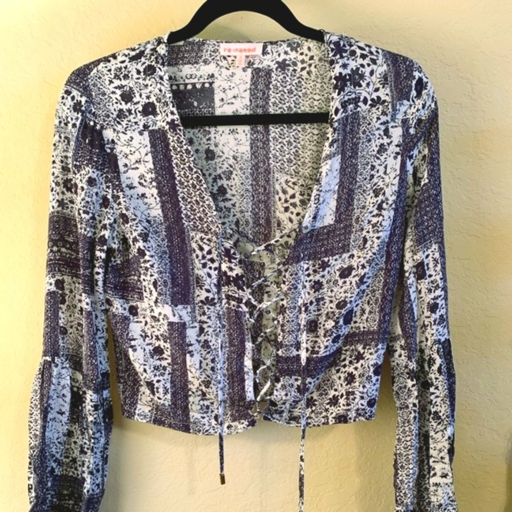 Blue and White Lace-up Cropped Bell Sleeved Blouse